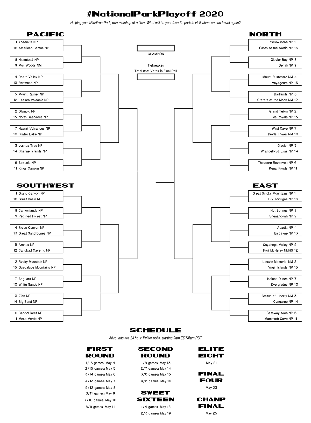 Submit Your Prediction Bracket – National Park Playoff 2020